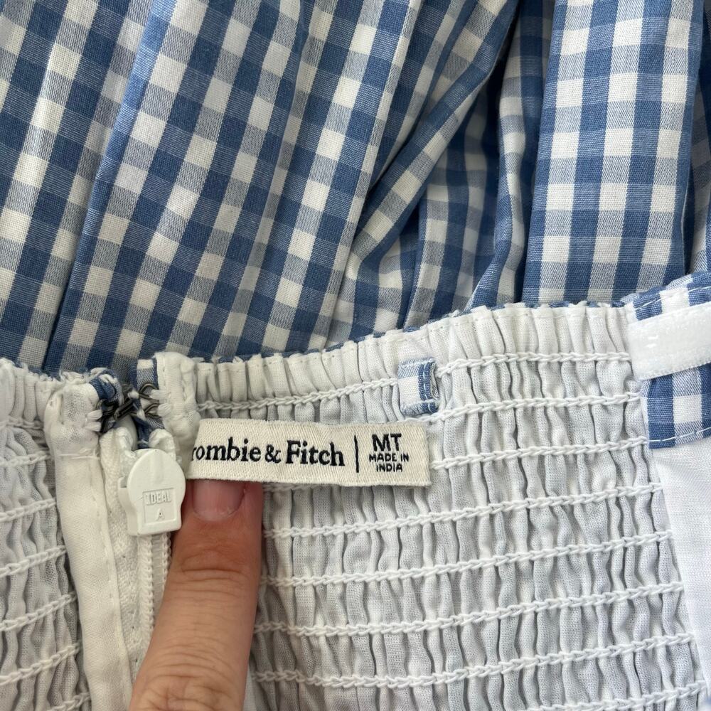 Abercrombie & Fitch Strapless Bubble Hem Mini Dress in Blue Gingham Medium Tall - Picture 4 of 11